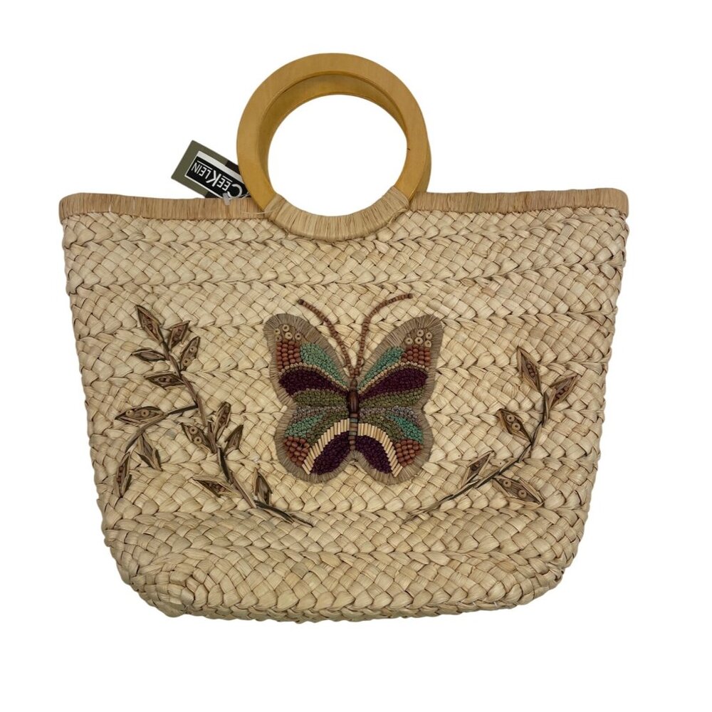 Cee Klein Woven Straw Tote Bag With Wooden Handle & Beaded Butterfly Design